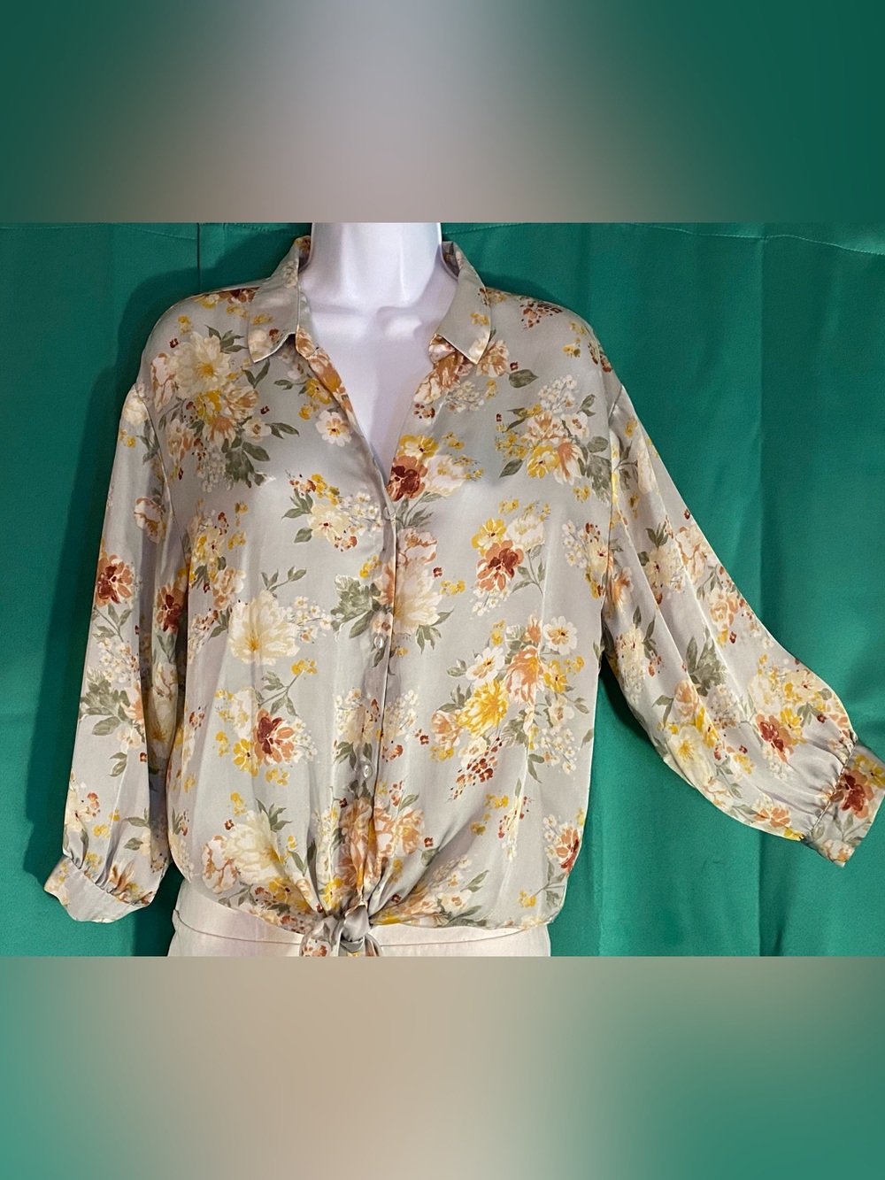 Cloud Chaser Sage Floral Button-Down Tie Front Blouse